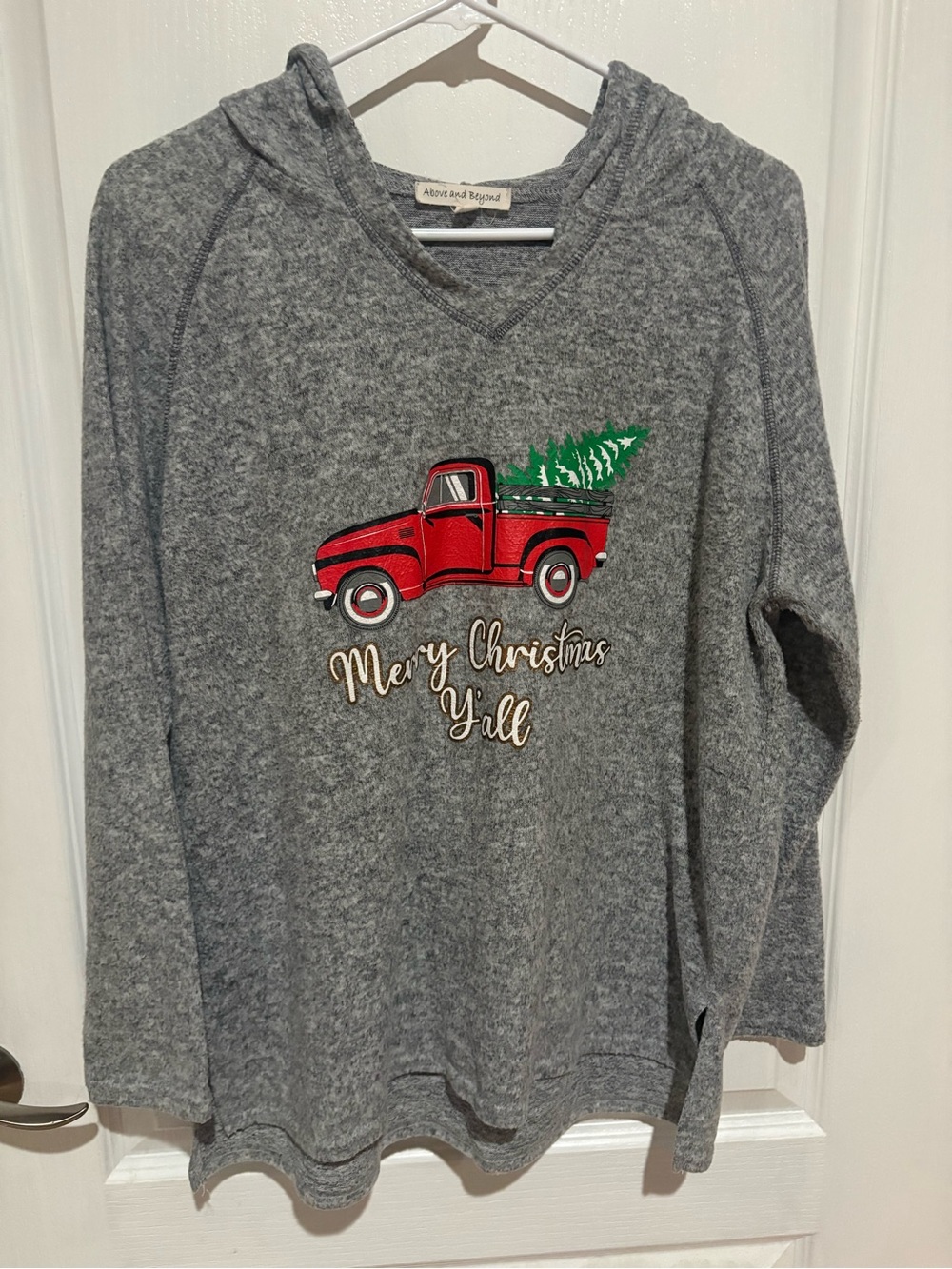 Above and Beyond Gray Crewneck Sweater with Red Truck Graphic